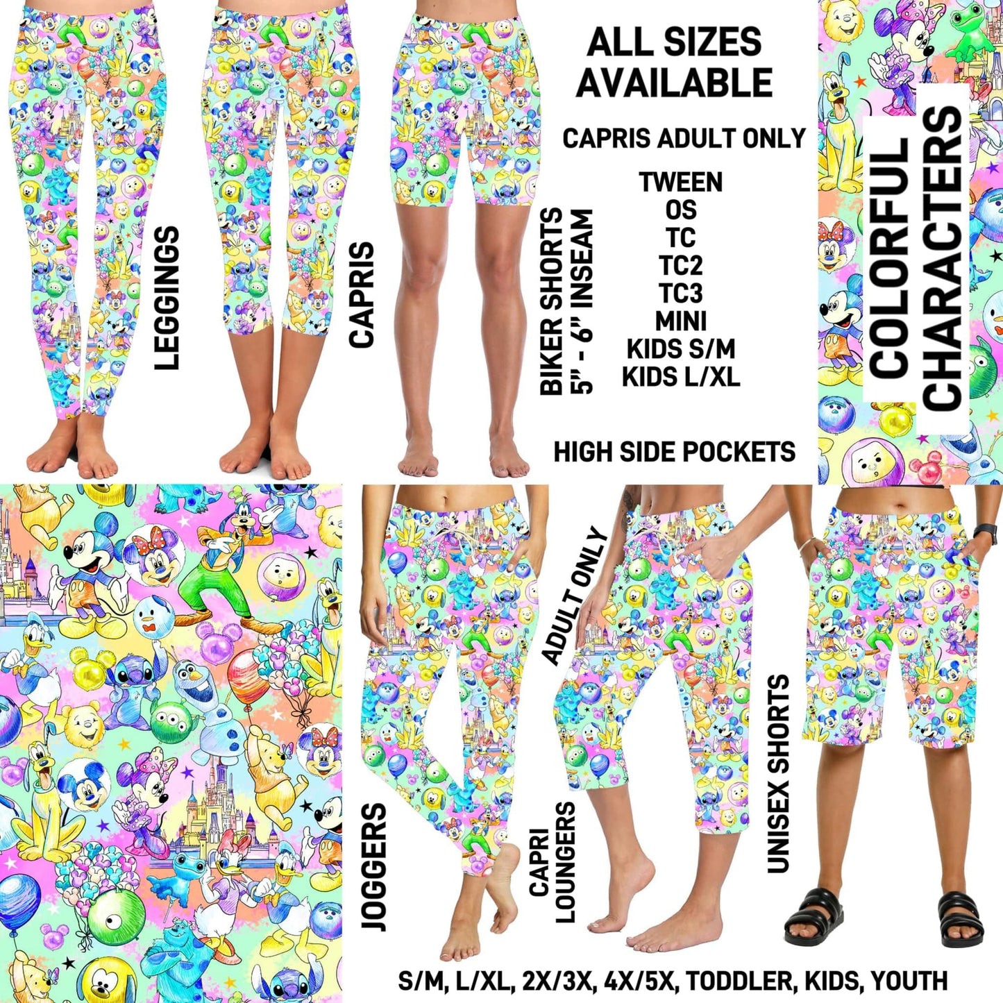 RTS - Colorful Characters Biker/Capris/Leggings with High Side Pockets - Alonna's Legging Land