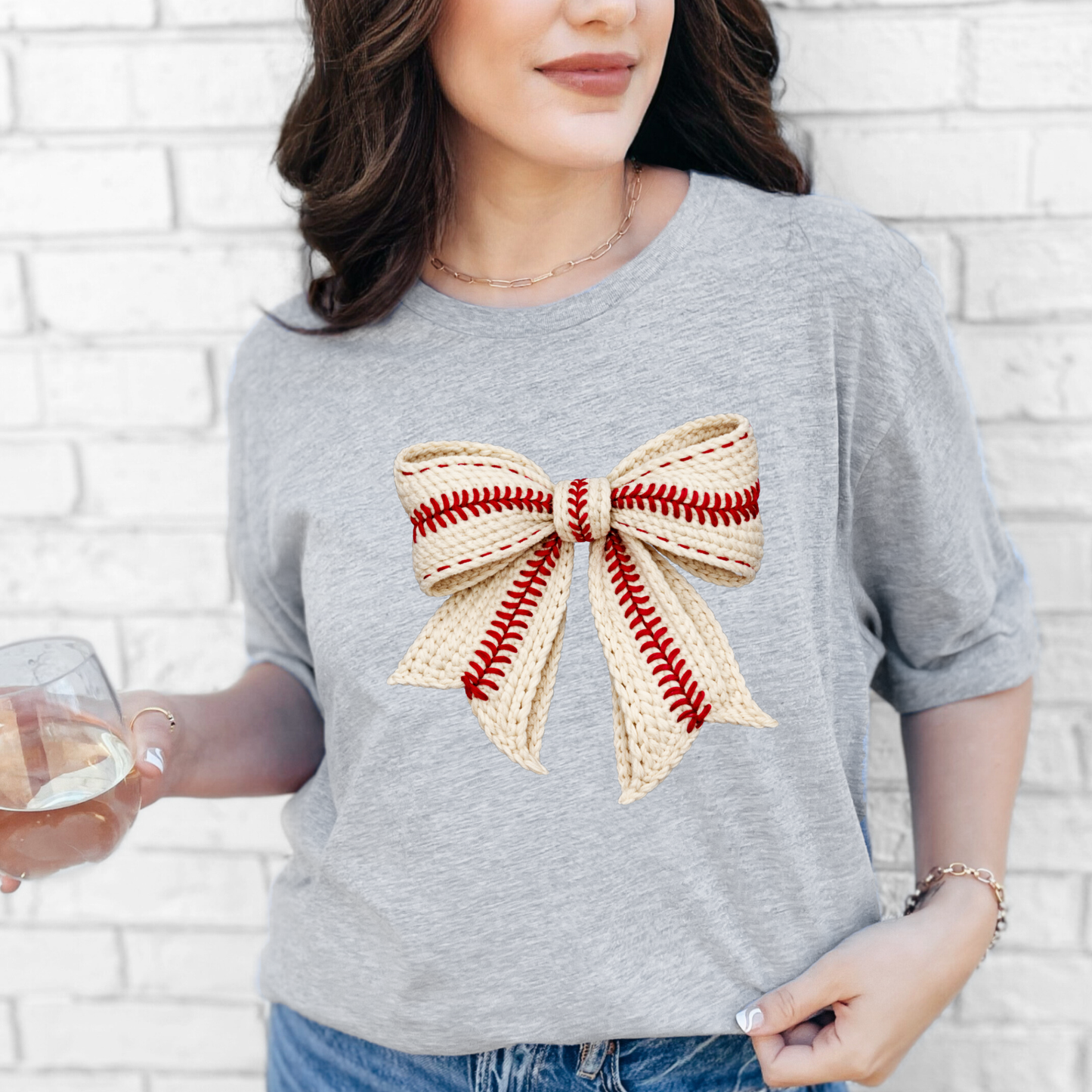 Faux Yarn Baseball Bow Graphic Tee - Alonna's Legging Land