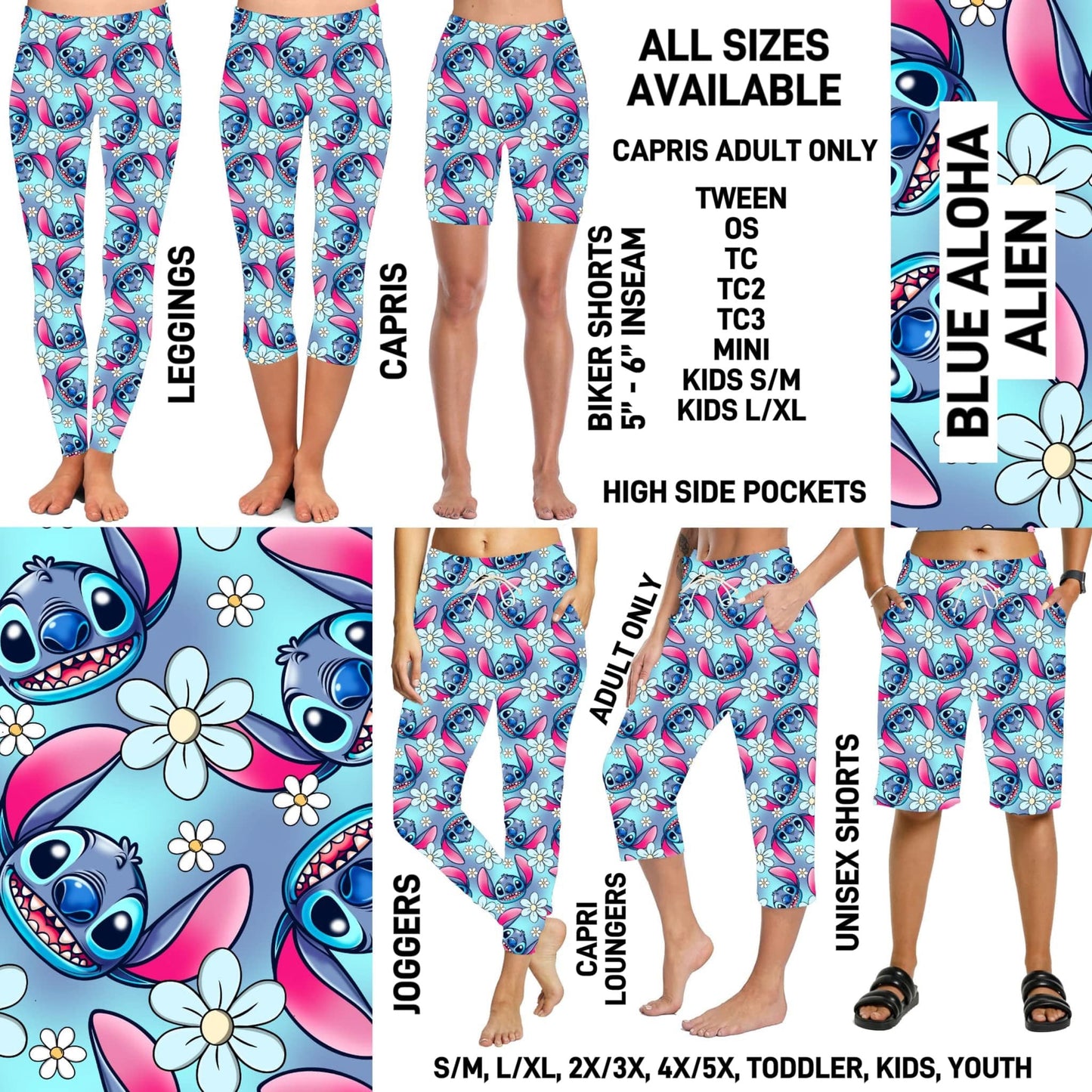 RTS - Blue Aloha Alien Biker/Capris/Leggings with High Side Pockets - Alonna's Legging Land