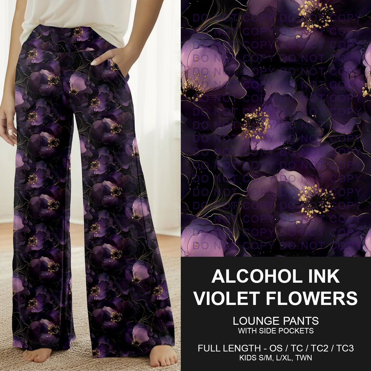 B260 - Preorder Alcohol Ink Violet Flowers Lounge Pants (Closes 11/09. ETA mid Jan.)