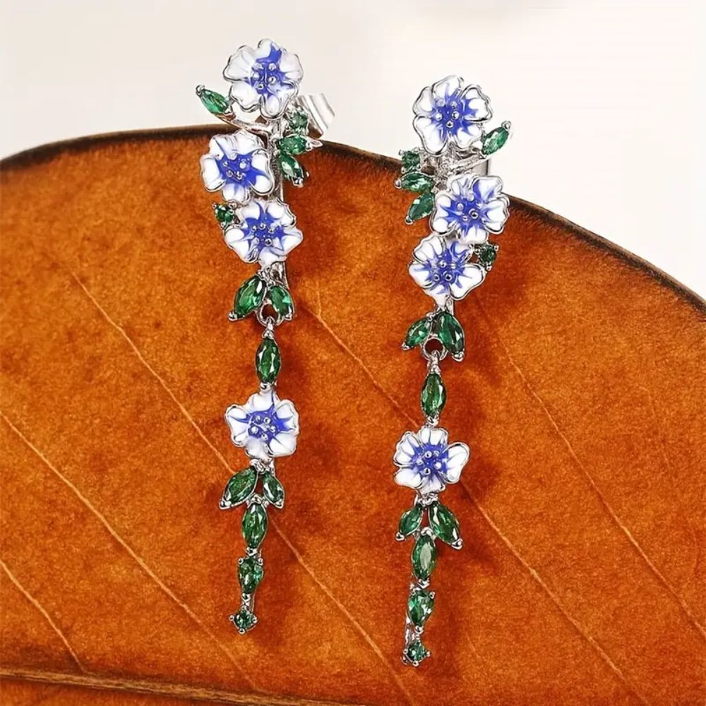 BLUE FLOWER CHAIN EARRINGS (PAIR)