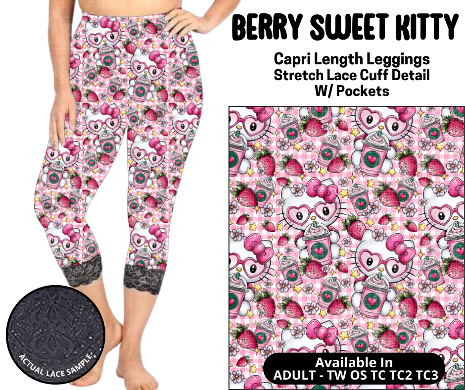 Preorder! Closes 5/12. ETA August. Berry Sweet Kitty Lace Cuff Capris w/ Pockets