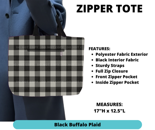 Black Buffalo Plaid Zipper Tote - Alonna's Legging Land
