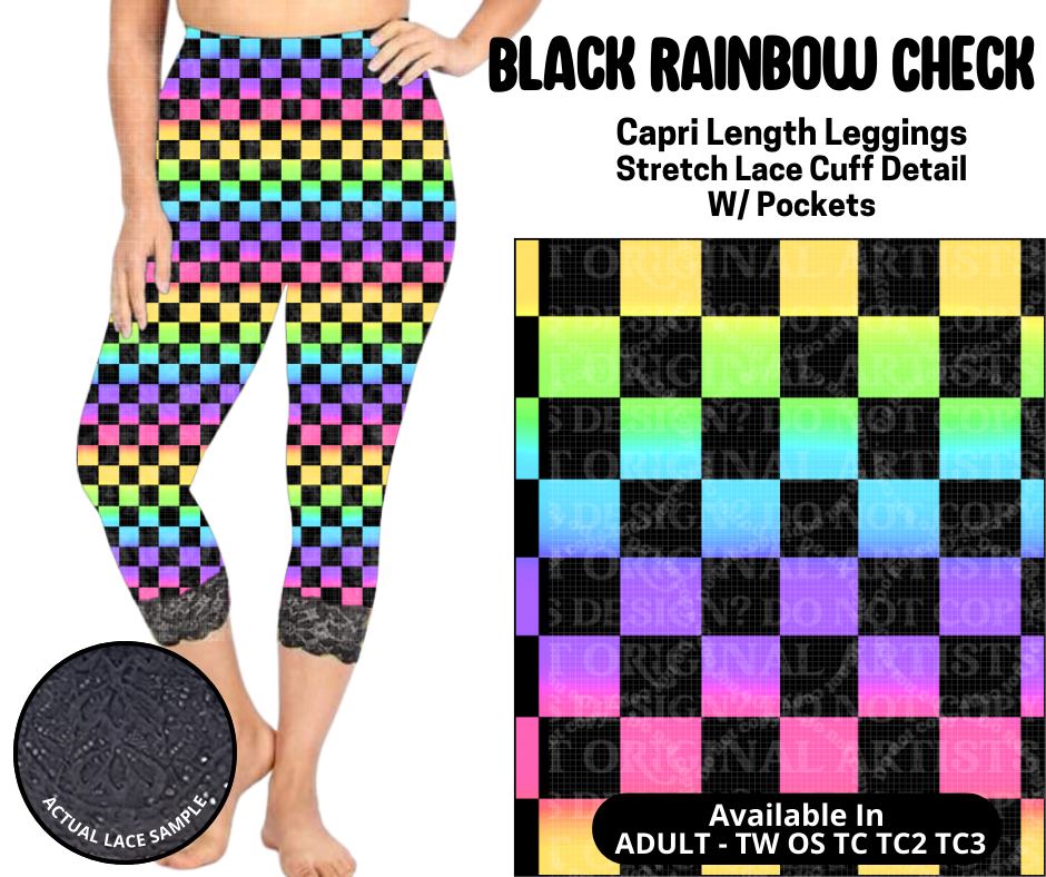 Preorder! Closes 5/12. ETA August. Black Rainbow Check Lace Cuff Capris w/ Pockets