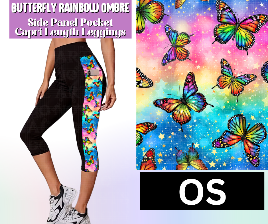 Butterfly Rainbow Ombre Side Panel Pocket Capri Length Leggings