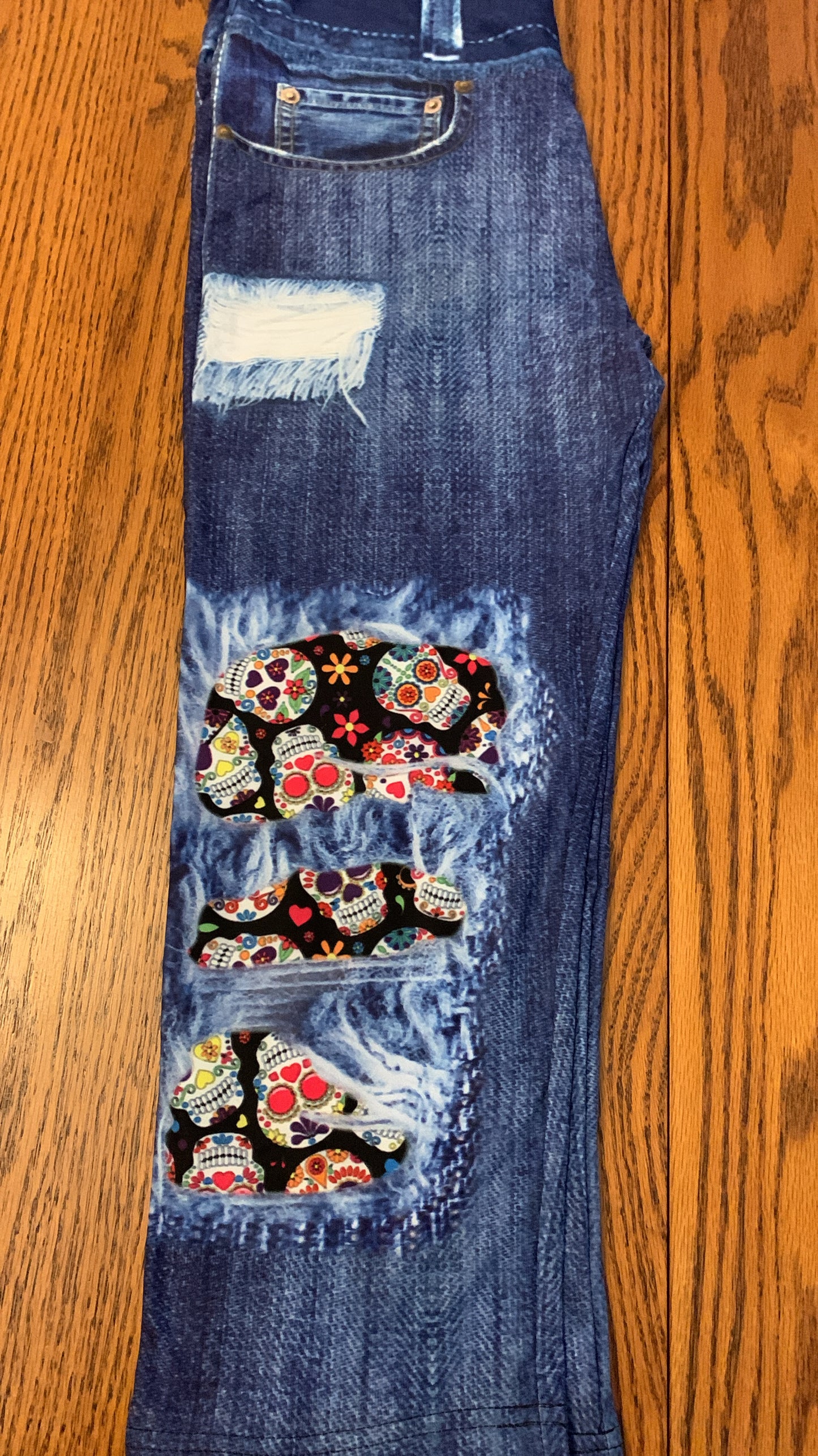 *Clearance* Price Drops in Cart! Sugar skull peekaboo faux denim Capri - Alonna's Legging Land