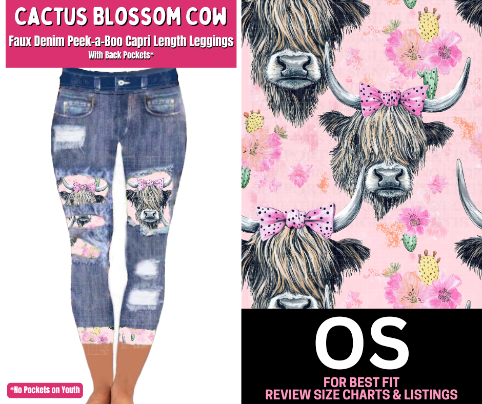 Cactus Blossom Cow Capri Faux Denim Peekaboo