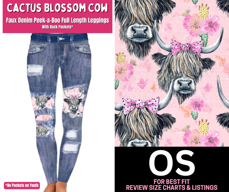 Cactus Blossom Cow Faux Denim Full Length Peekaboo Leggings
