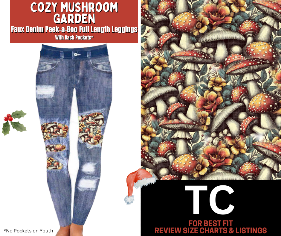 Cozy Mushroom Garden Faux Denim Full Length Peekaboo Leggings