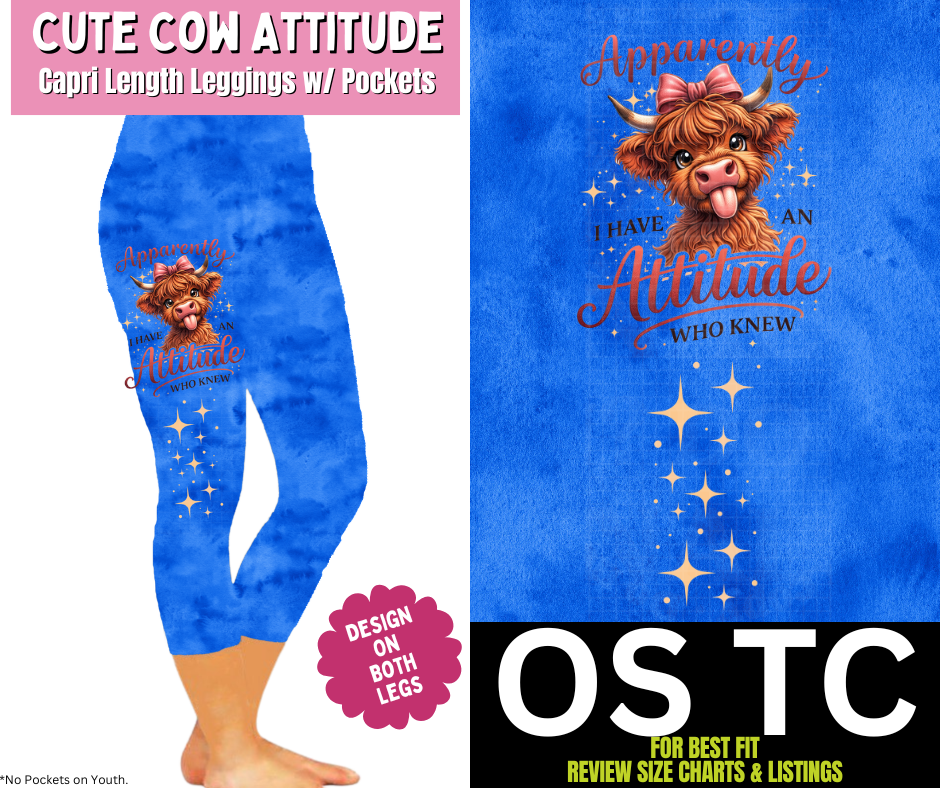 Cute Cow Attitude Watercolor Capri Leggings w/ Side Leg Designs