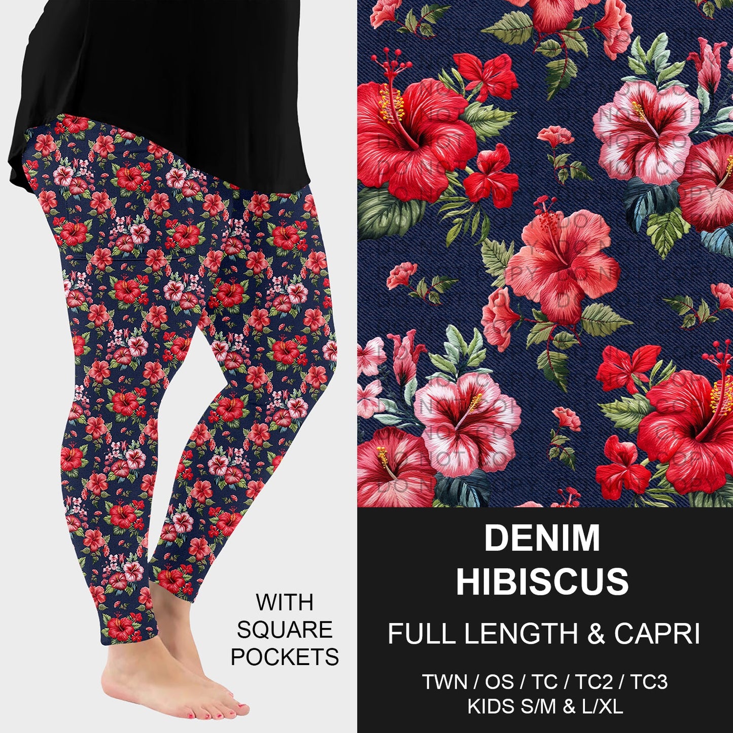 B227 - Preorder Denim Hibiscus Leggings w/ Pockets (Closes 5/04. ETA: mid July)