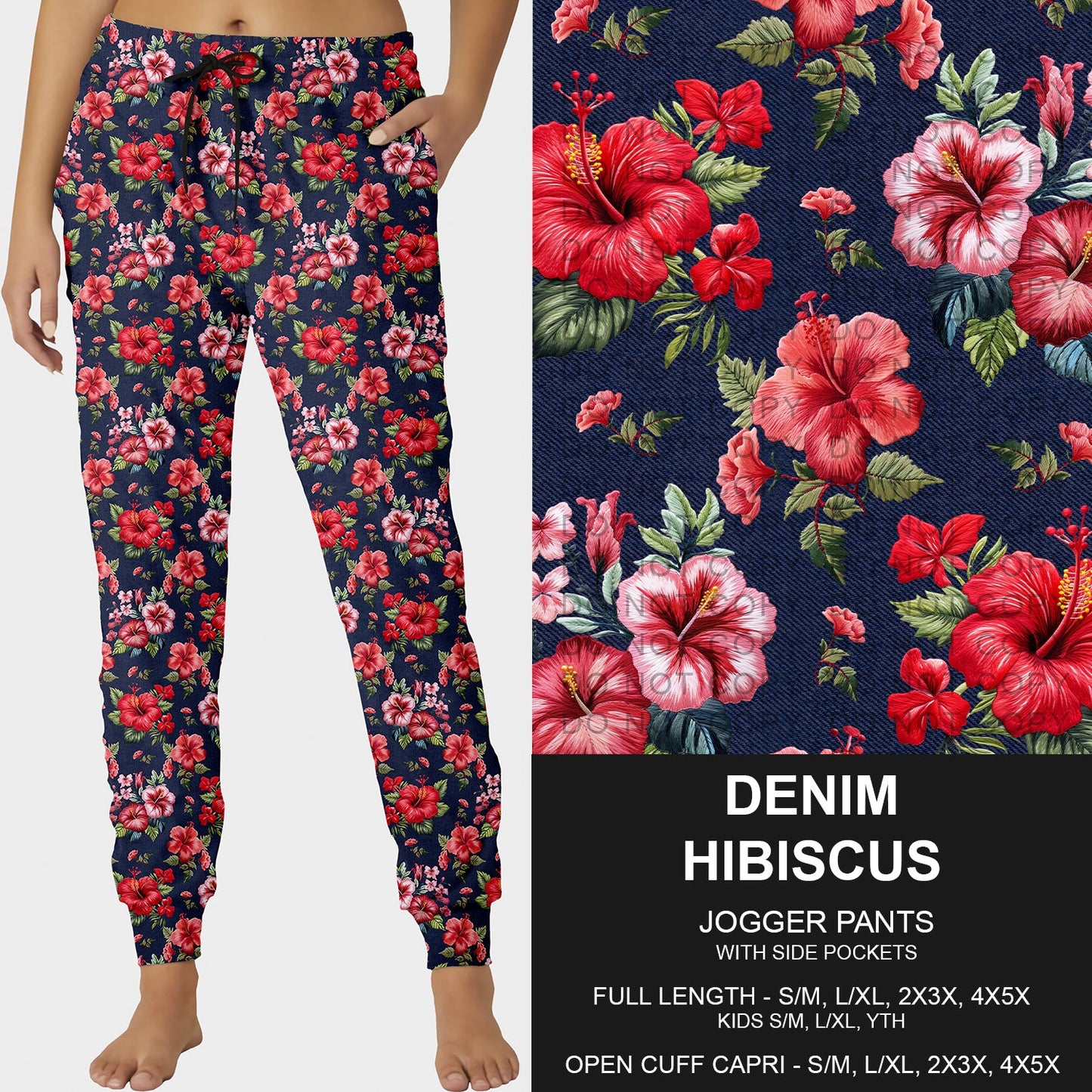 B227- Preorder Denim Hibiscus Joggers (Closes 5/04. ETA: mid July)
