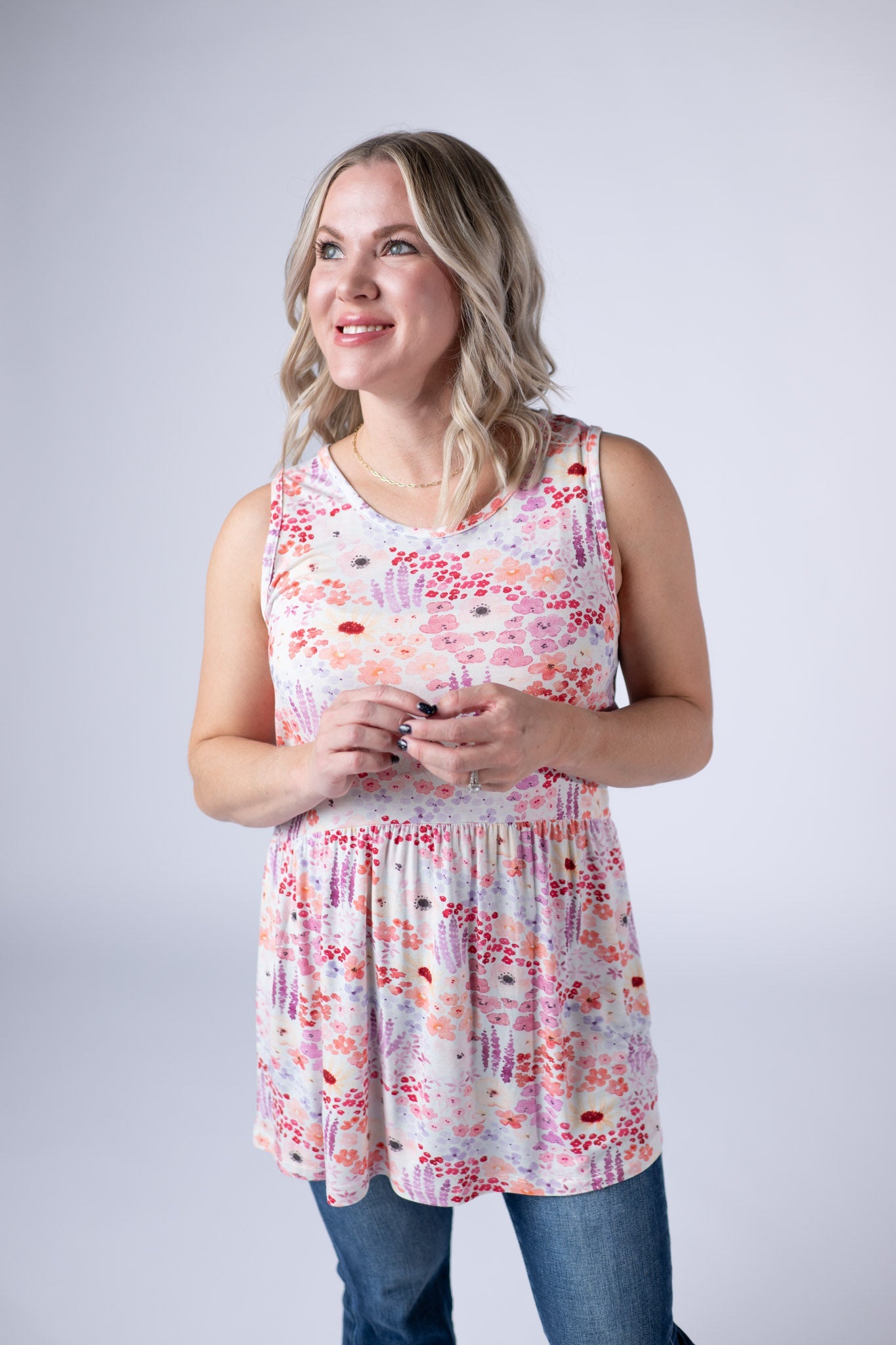 IN STOCK Renee Ruffle Tank Top - Coral Sunset Floral - Alonna's Legging Land