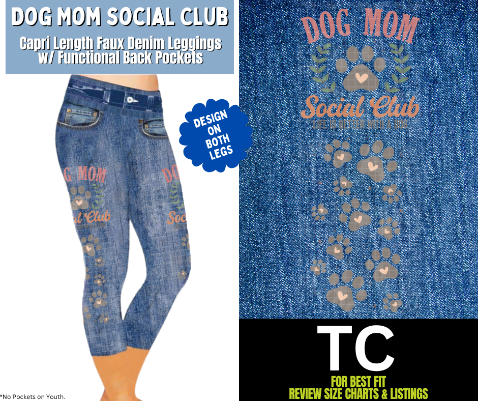 Dog Mom Social Club Capri Faux Denim w/ Side Leg Designs - Alonna's Legging Land