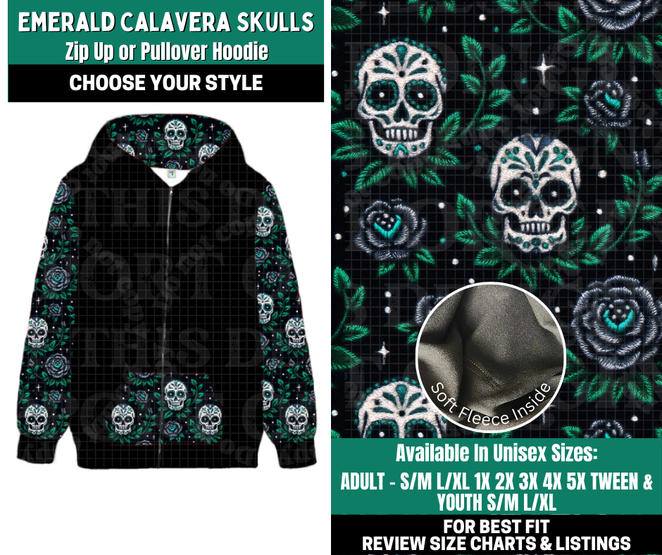 Preorder! Closes 10/27. ETA Jan. Emerald Calavera Skulls Zip-Up or Pullover Hoodie