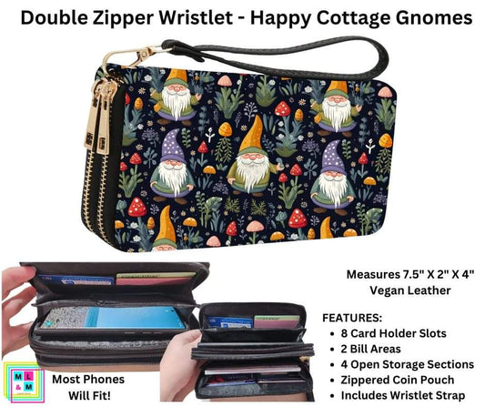 Happy Cottage Gnomes Double Zipper Wristlet