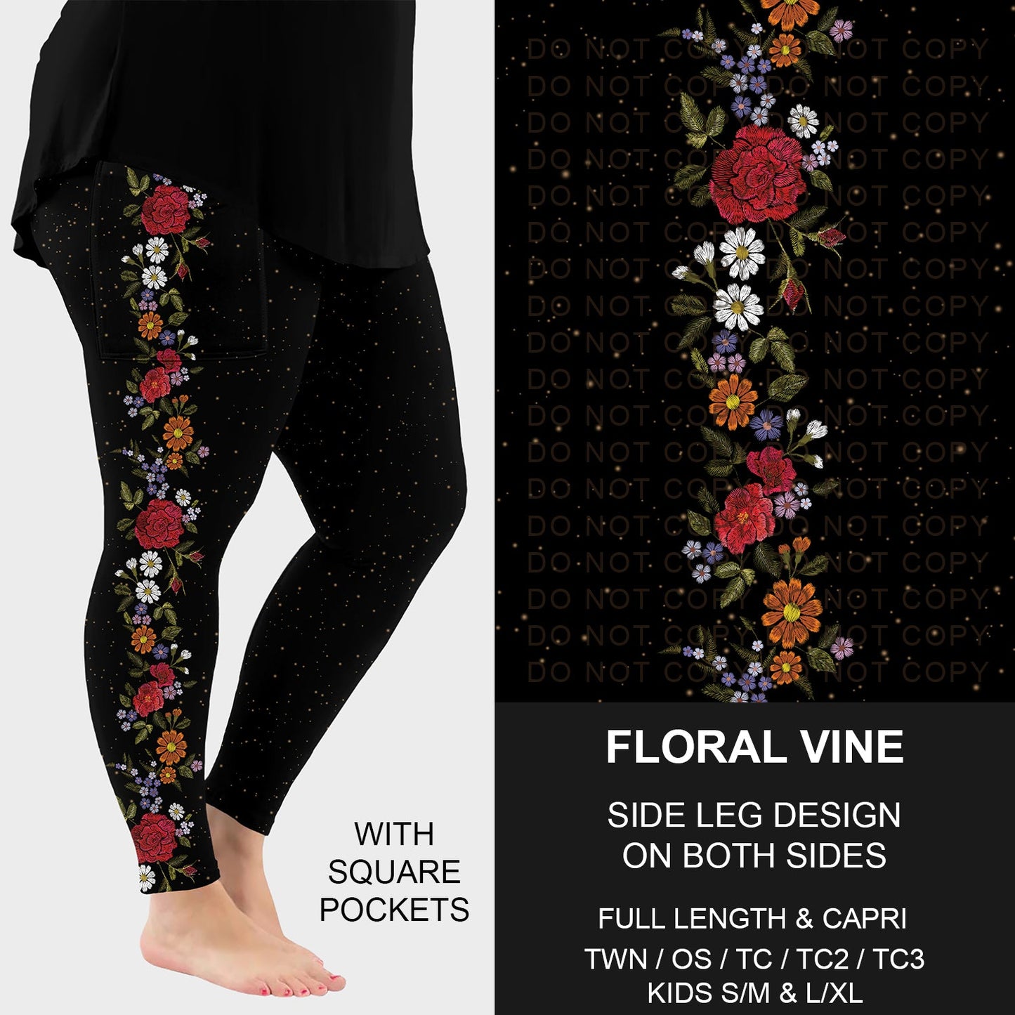 B249 - Preorder Floral Vine Side Design Leggings w/ Pockets (Closes 8/31. ETA: late Oct.)