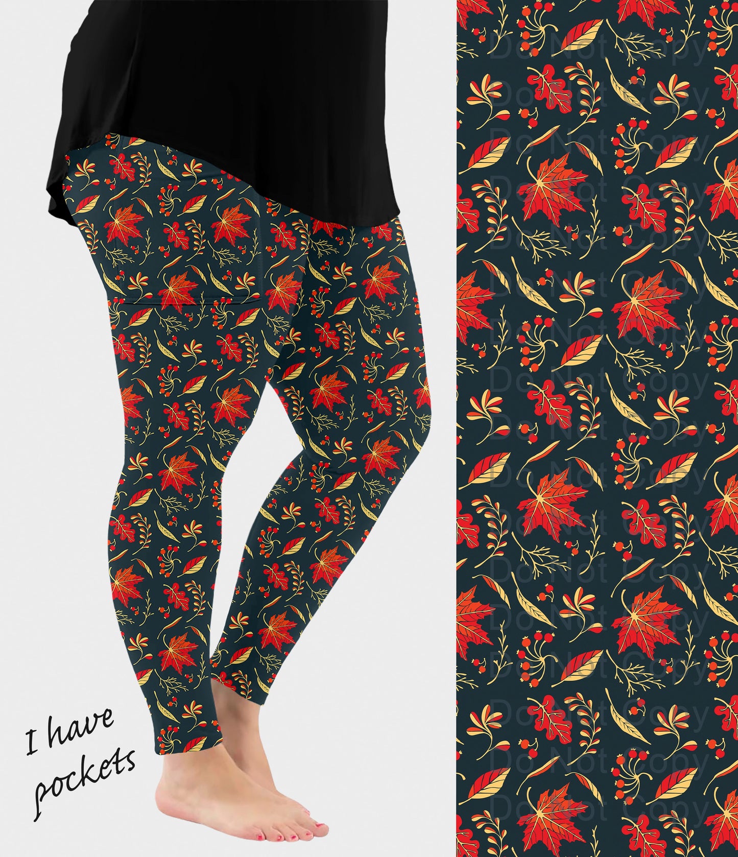 RTS - Falling Leaves on Navy Leggings w/ Pockets