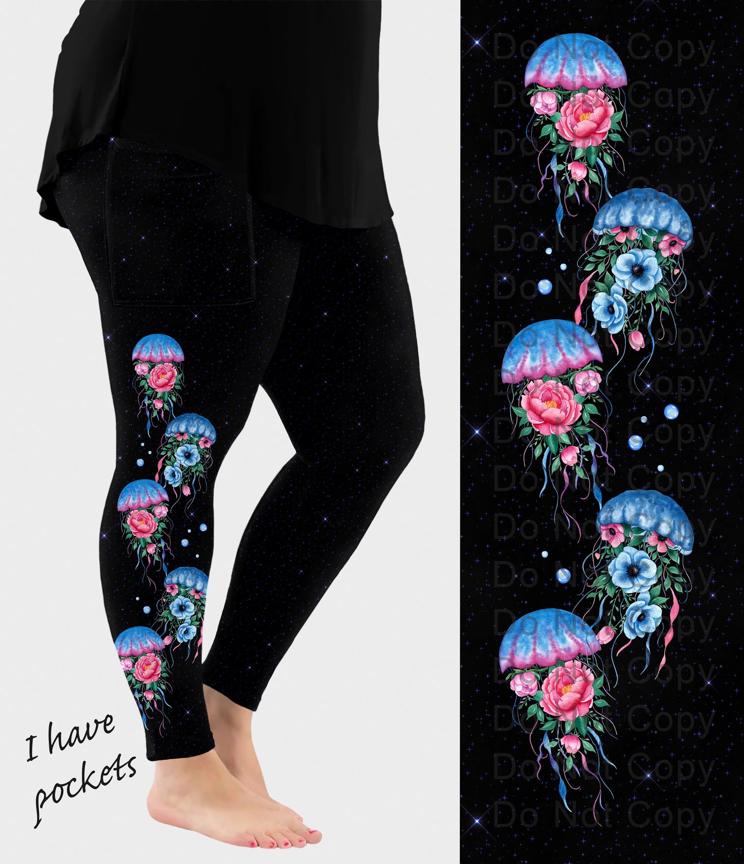 RTS - Floral Jellyfish Side Design Leggings w/ Pockets - Alonna's Legging Land