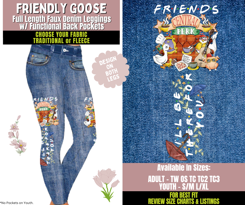 Preorder! Closes 10/8. ETA Dec. Friendly Goose Faux Denim Leggings w/ Side Leg Designs Choose Fleece or Traditional