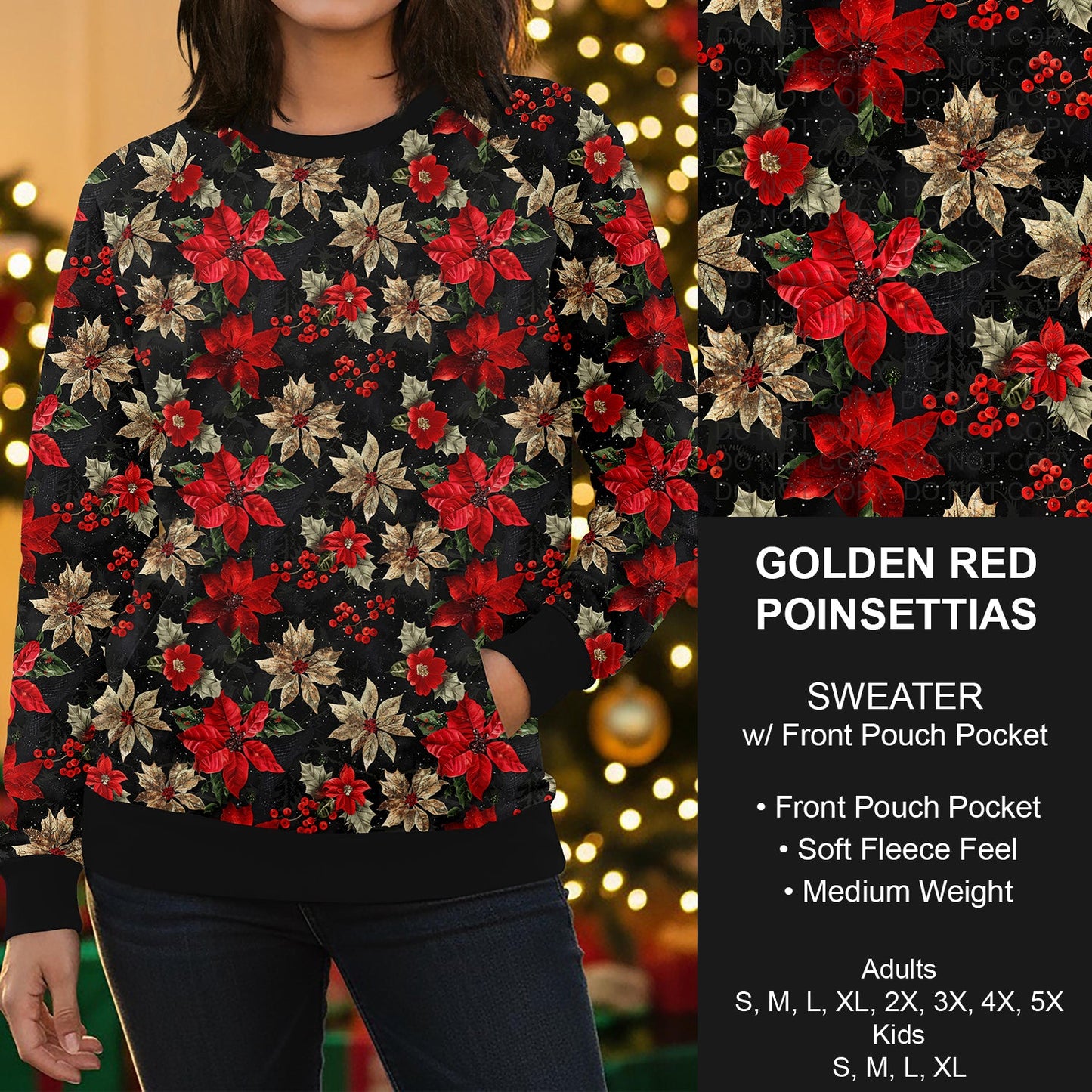B303 - Preorder Golden Red Poinsettias Sweater w/ Front Pocket (Closes 7/26. ETA early Oct.)