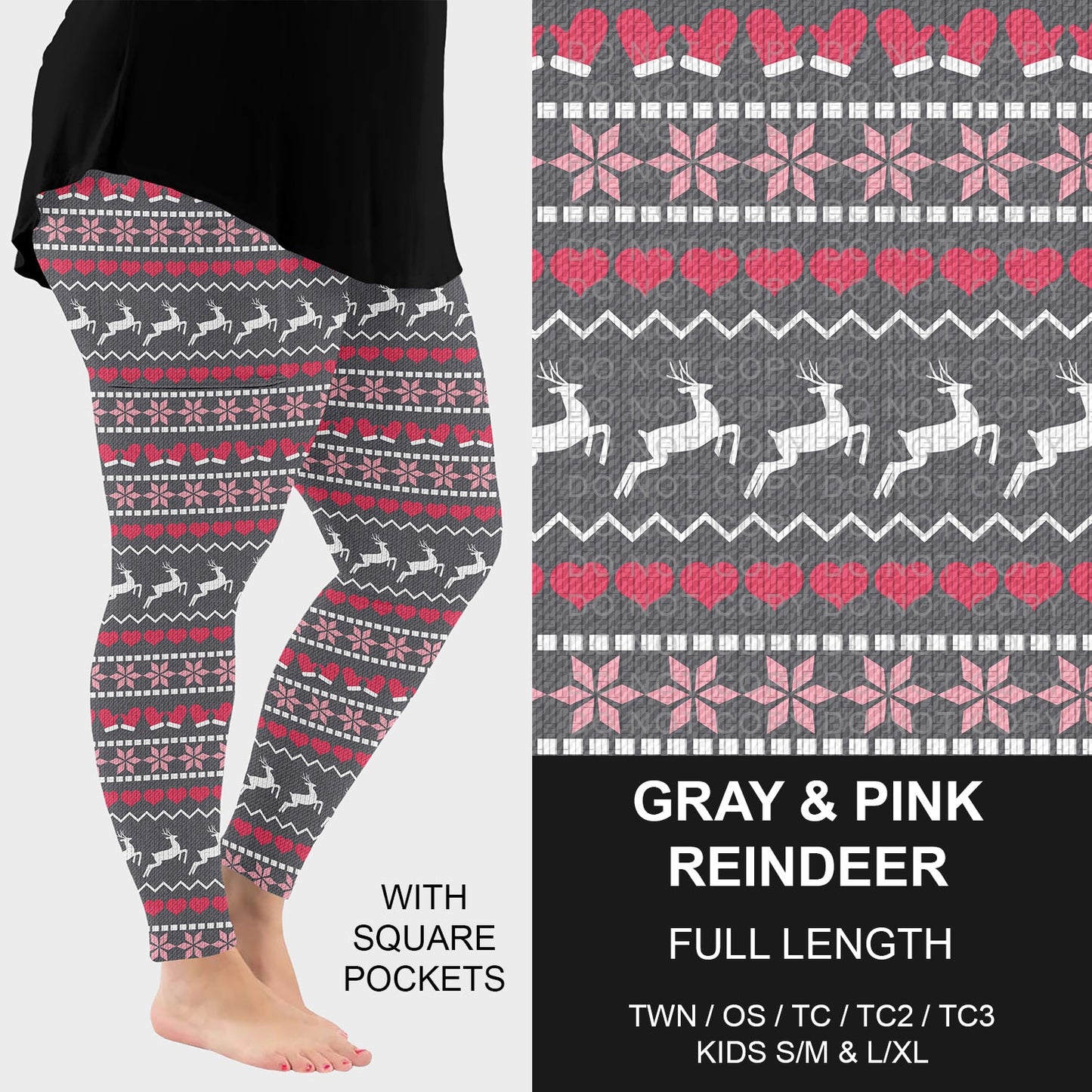 B255 - Preorder Gray and Pink Reindeer Leggings w/ Pockets (Closes 10/12. ETA early Dec.)