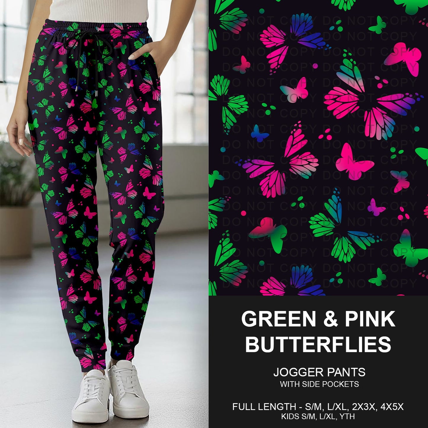 B264 - Preorder Green & Pink Butterflies Jogger Pants (Closes 12/07. ETA early Feb.)