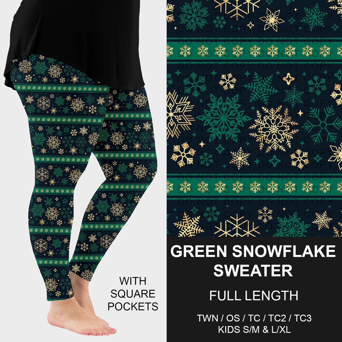 B253 - Preorder Green Snowflake Sweater Leggings w/ Pockets (Closes 9/28. ETA late Nov.)