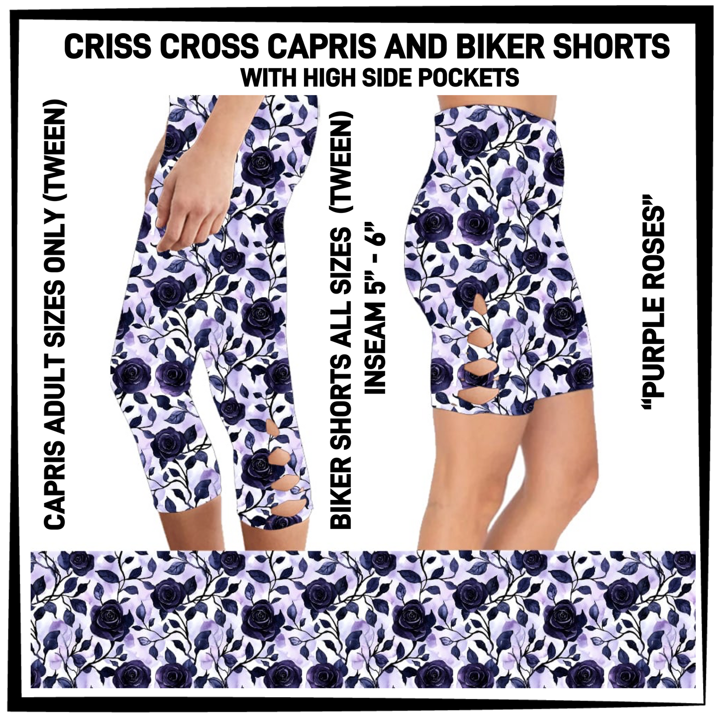 CS8S - Purple Roses Criss Cross Capris/Biker Shorts with Pockets - Preorder Closing 3/5 ETA: Early May