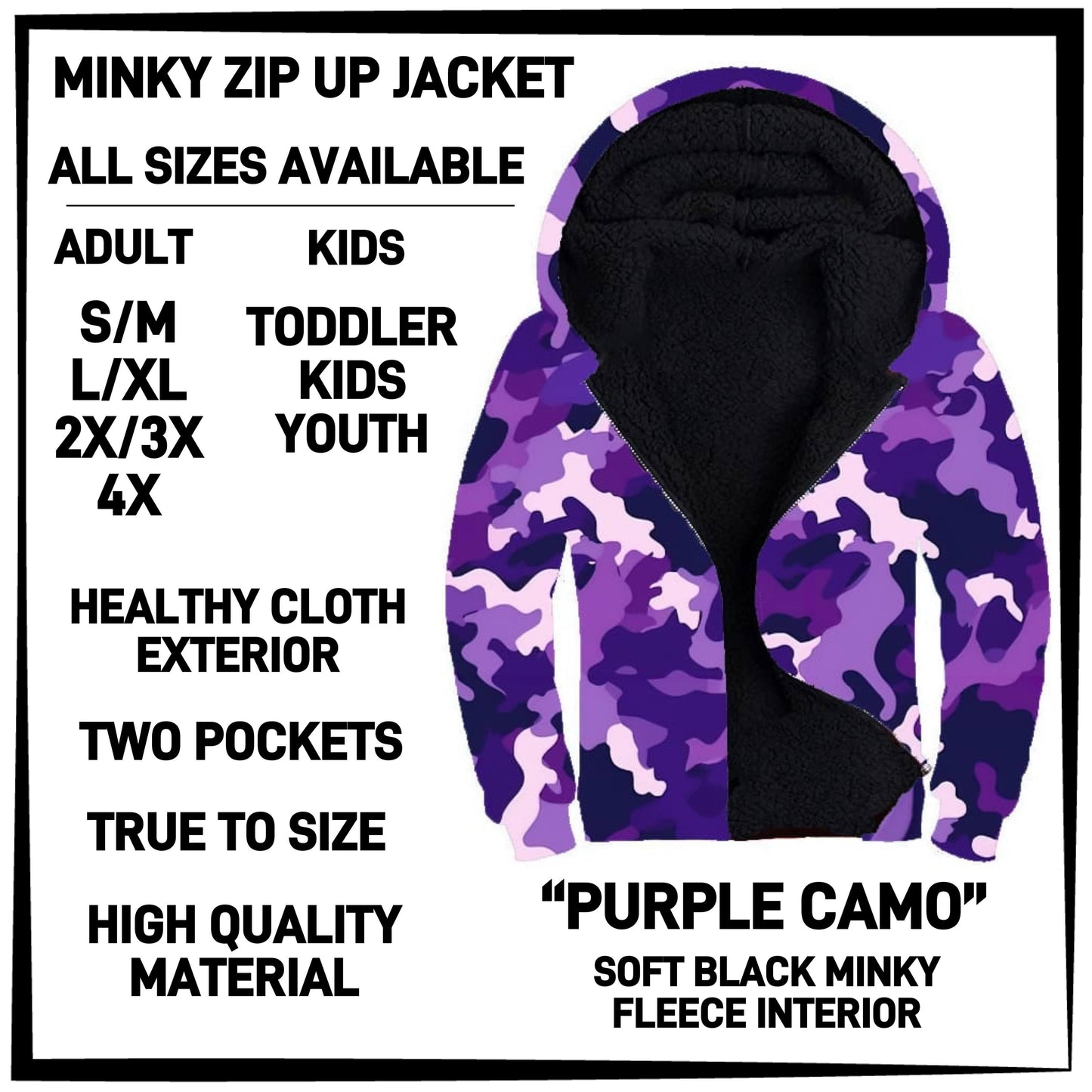 MK3J - Purple Camo Minky Zip Up Jacket - Preorder Closing 12/23 ETA: Late Feb