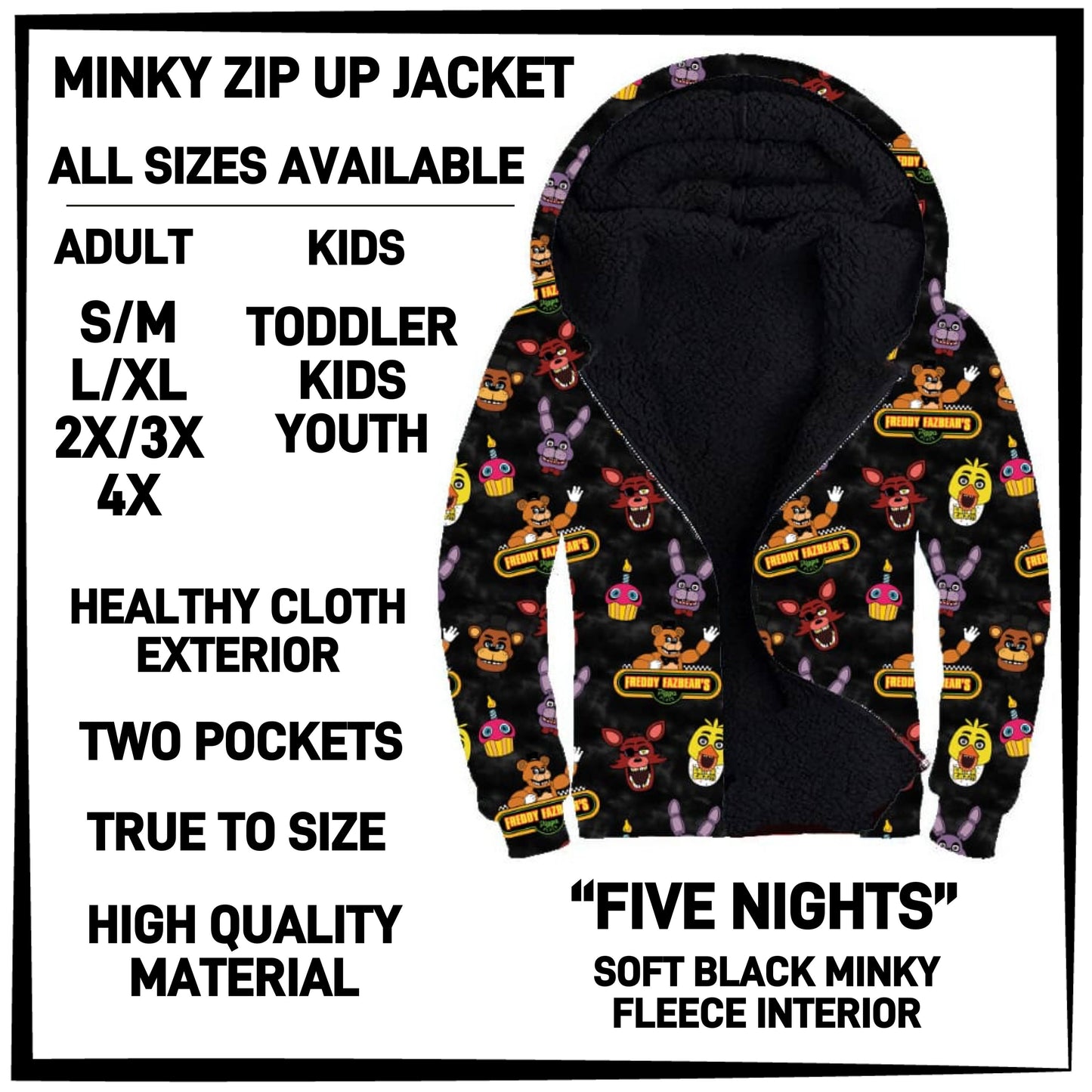 MK3J - Five Nights Minky Zip Up Jacket - Preorder Closing 12/23 ETA: Late Feb