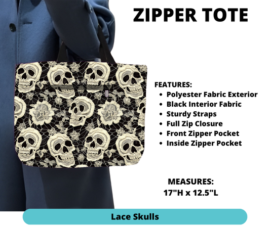 Lace Skulls Zipper Tote - Alonna's Legging Land