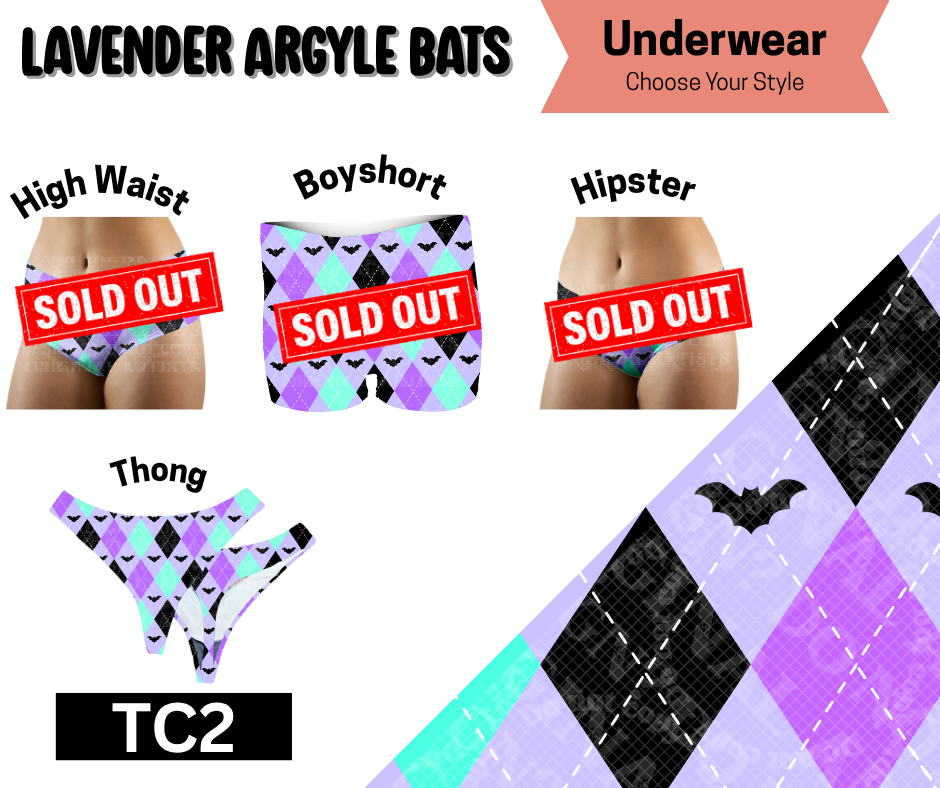Lavender Argyle Bats Thong Underwear