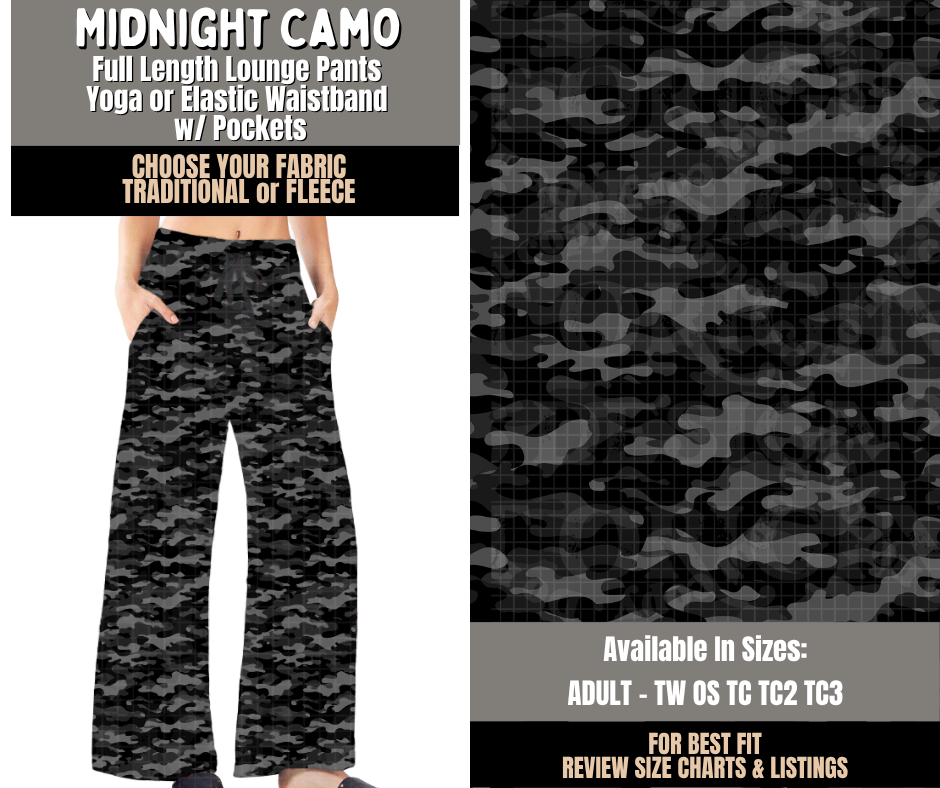 Preorder! Closes 10/28. ETA Jan. Midnight Camo Lounge Pants Choose Fleece or Traditional