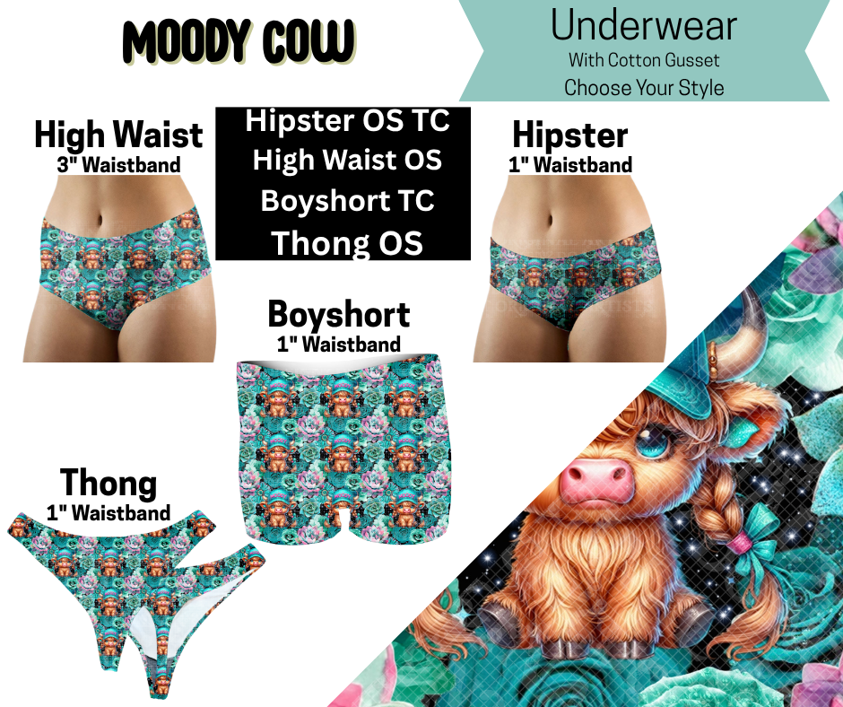 Moody Cow Hipster, High Waist, Boyshort, & Thong Underwear