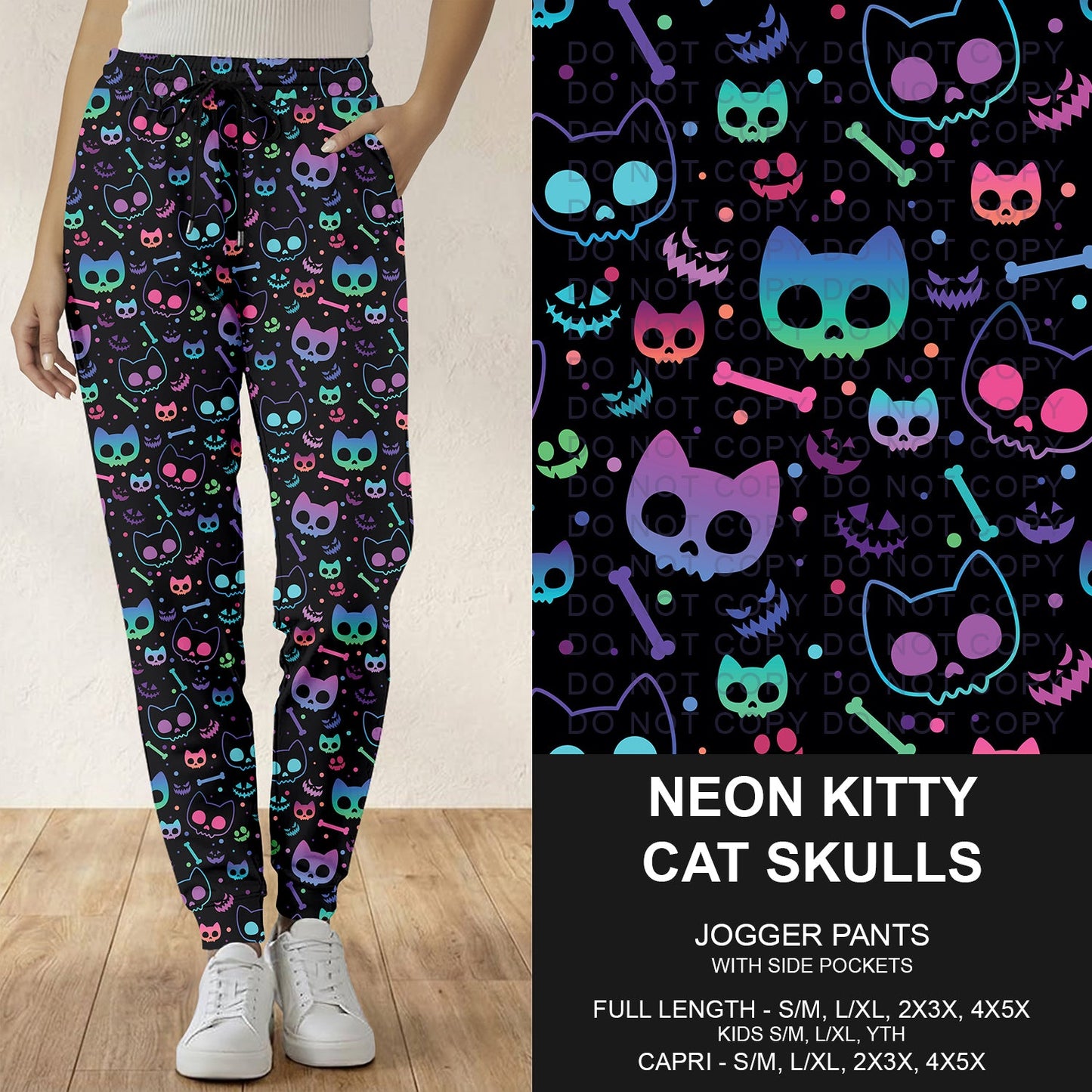 B297 - Preorder Neon Kitty Cat Skulls Joggers (Closes 6/28. ETA: early Sept.)