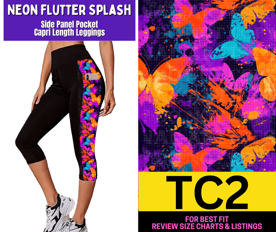 Neon Flutter Splash Side Panel Pocket Capri Length Leggings - Alonna's Legging Land