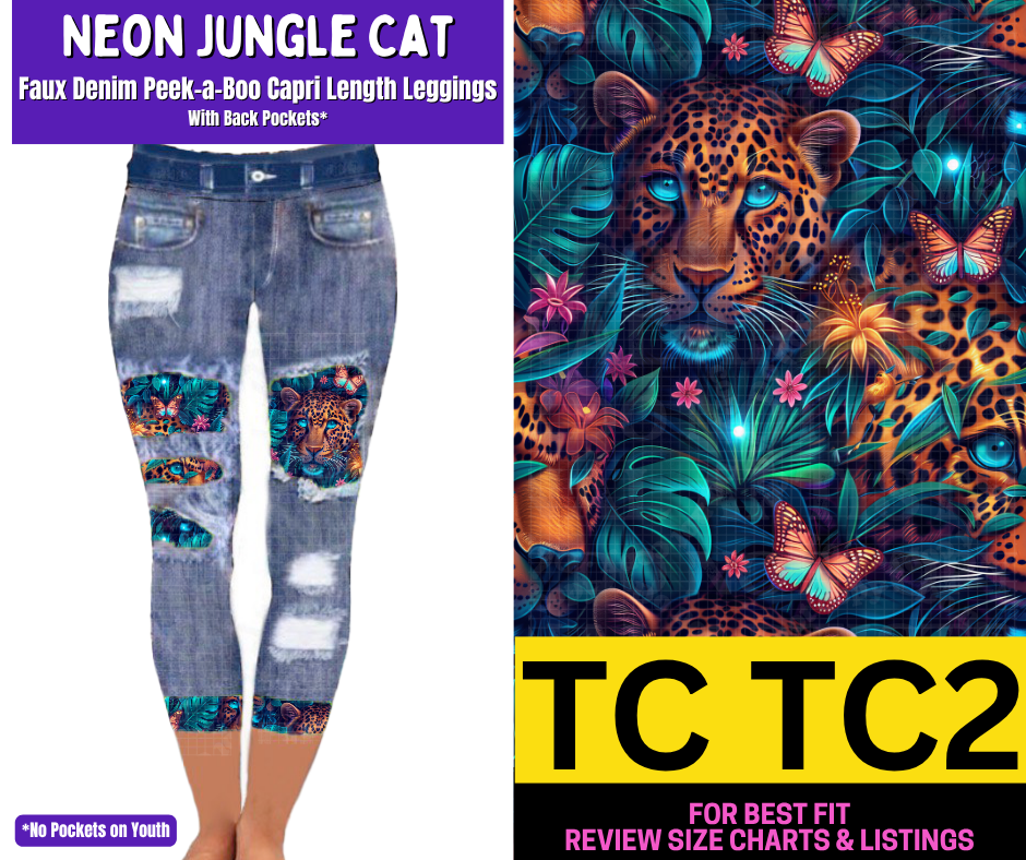 Neon Jungle Cat Capri Faux Denim Peekaboo - Alonna's Legging Land