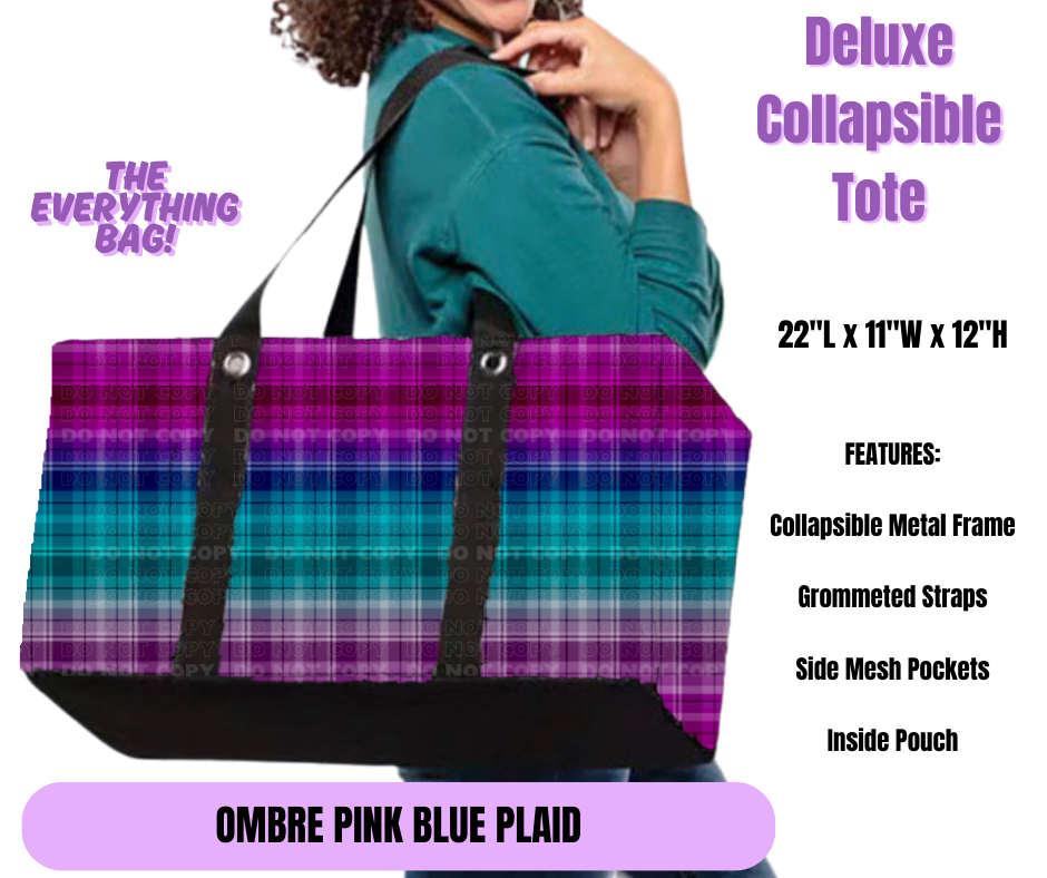 Ombre Pink Blue Plaid Collapsible Tote