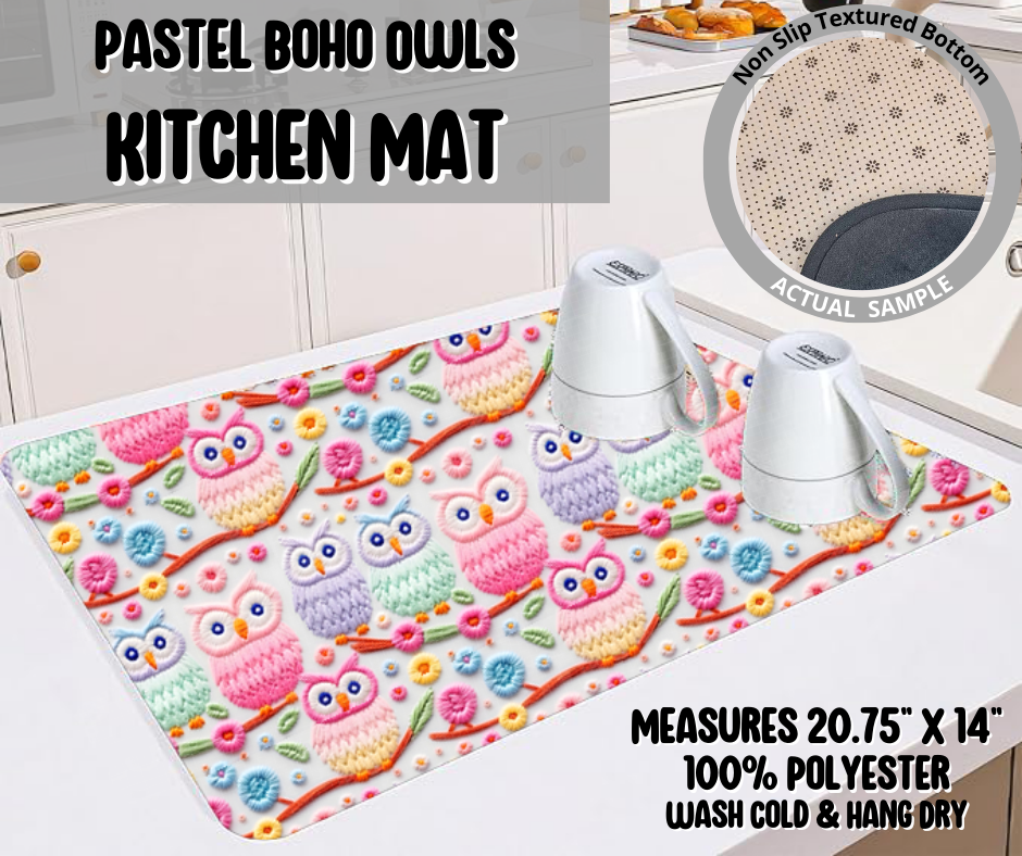 Preorder! Closes 5/22. ETA August. Pastel Boho Owls Kitchen Mat