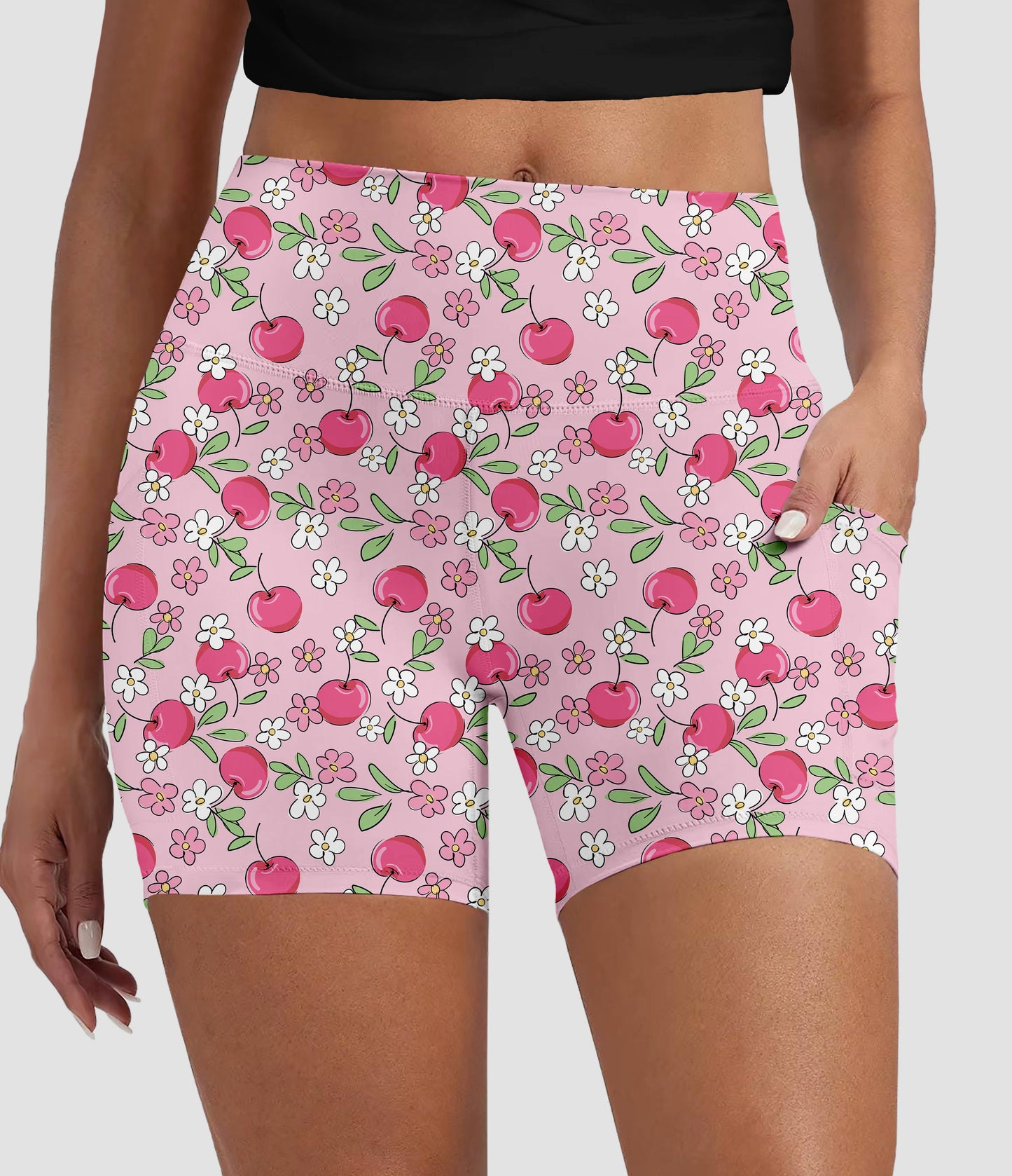 RTS - Pink Cherry Blossom Biker Shorts with Pockets