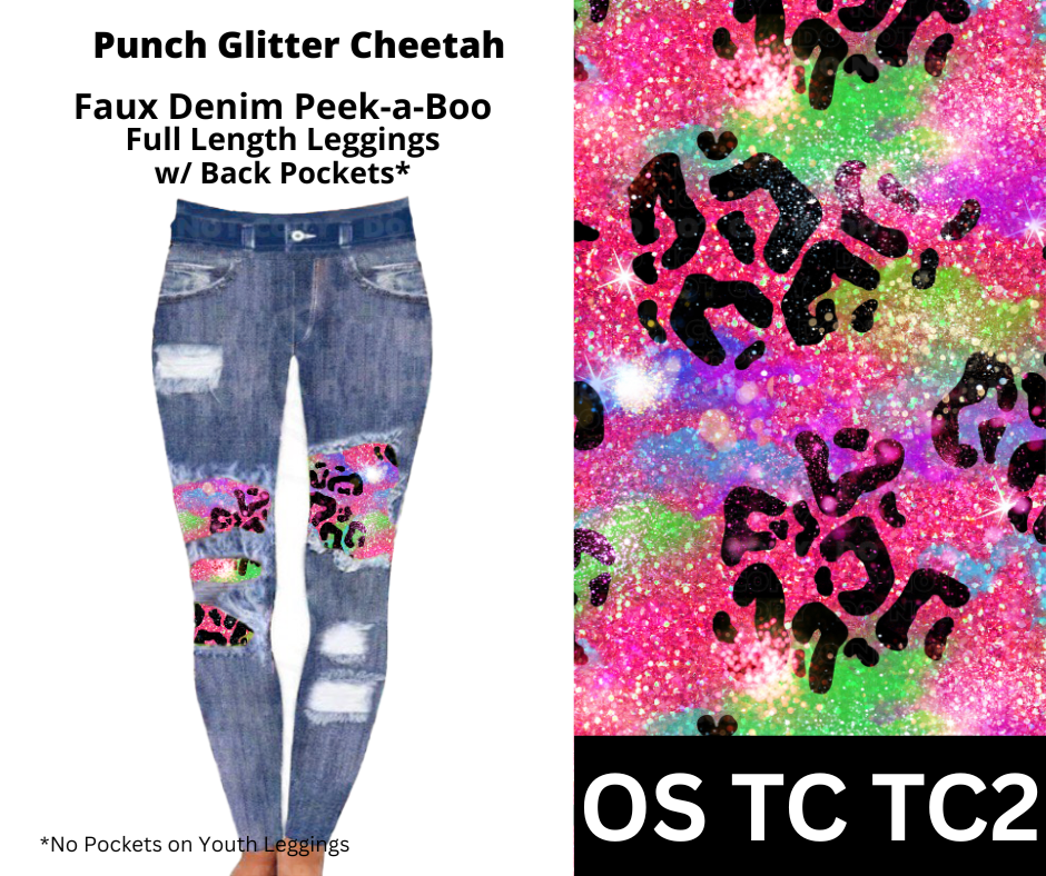 Punch Glitter Cheetah Faux Denim Full Length Peekaboo Leggings