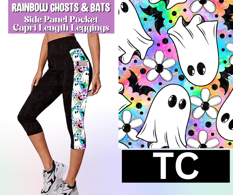 Rainbow Ghosts & Bats Side Panel Pocket Capri Length Leggings