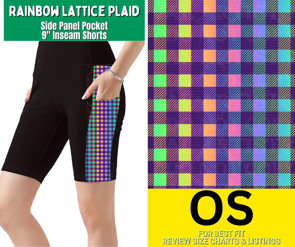 Rainbow Lattice Plaid Side Panel Pocket 9" Inseam Shorts