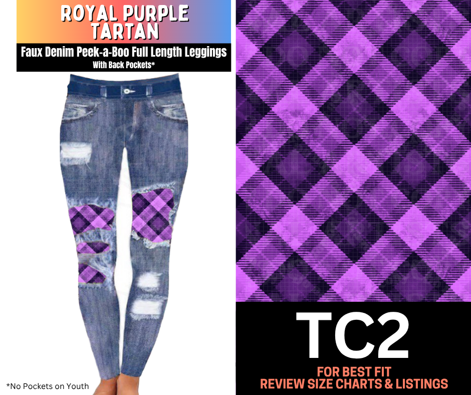 Royal Purple Tartan Faux Denim Full Length Peekaboo Leggings