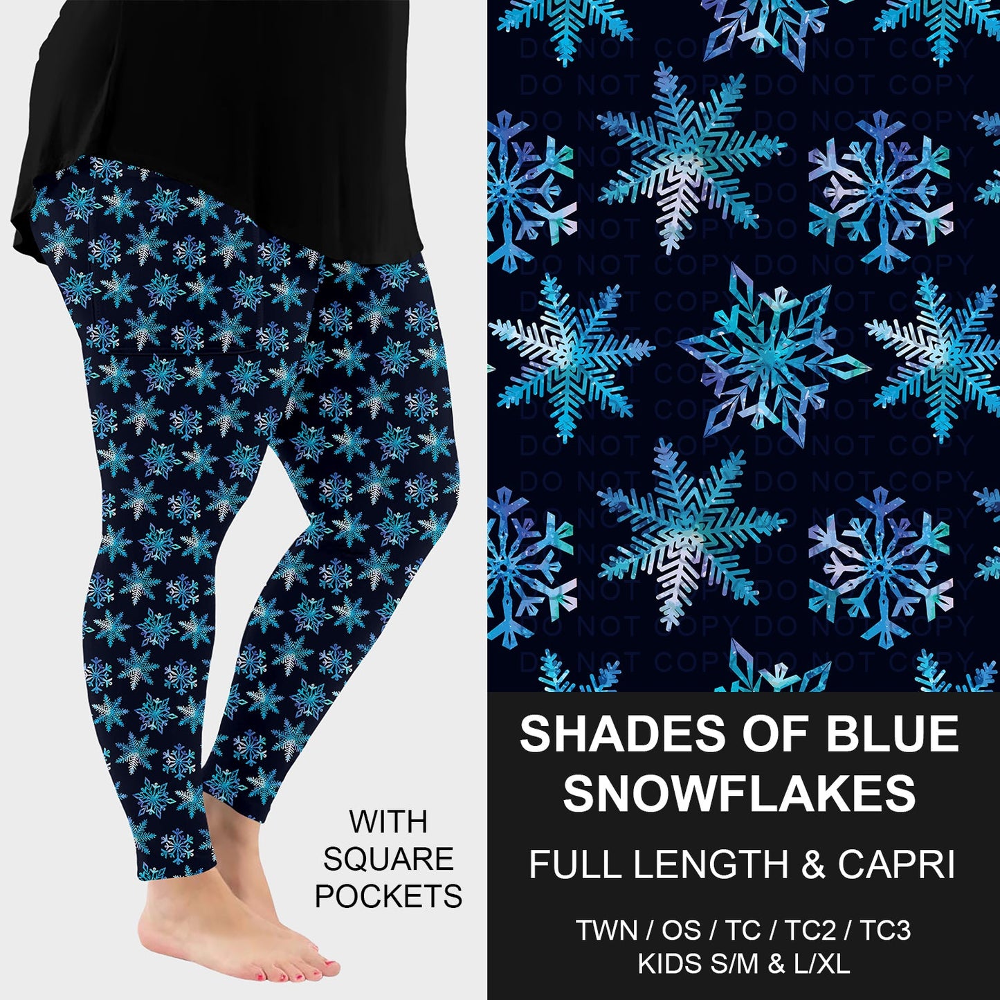 B258 - Preorder Shades of Blue Snowflakes Leggings w/ Pockets (Closes 11/02. ETA: mid Jan.)