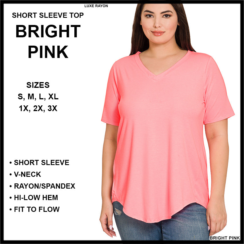 RTS - Short Sleeve V-Neck Top - Bright Pink - Alonna's Legging Land