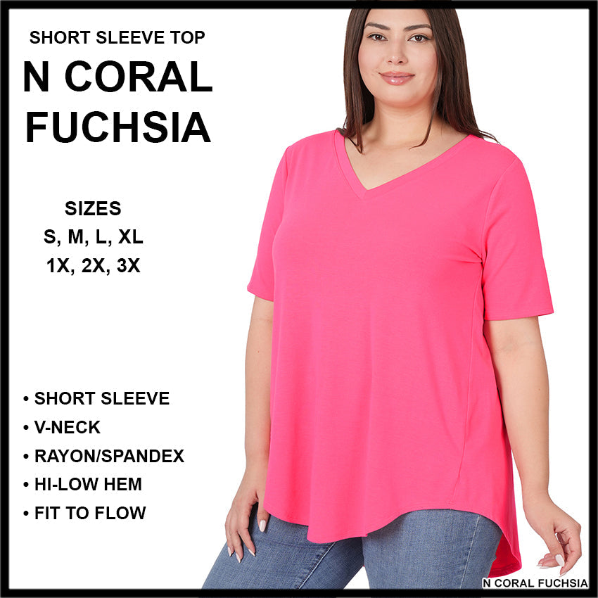 RTS - Short Sleeve V-Neck Top - N Coral Fuchsia - Alonna's Legging Land