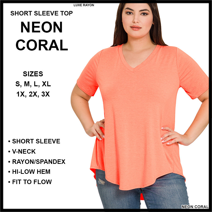 RTS - Short Sleeve V-Neck Top - Neon Coral - Alonna's Legging Land
