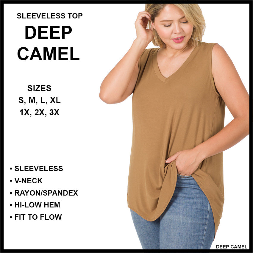 RTS - Sleeveless V-Neck Top - Deep Camel - Alonna's Legging Land
